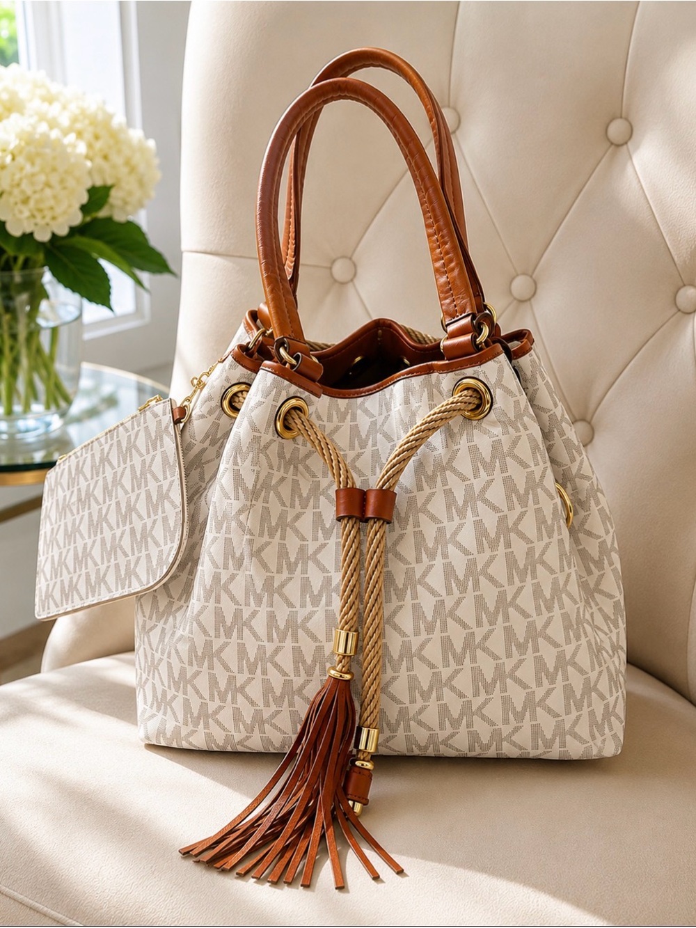 Michael Kors Cream Logo Drawstring Hobo with Brown Trim